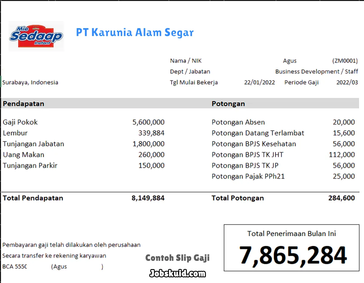 Slip Gaji PT Karunia Alam Segar