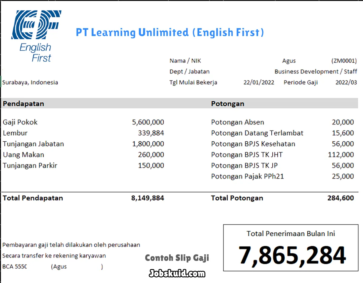 Slip Gaji PT Learning Unlimited (English First)