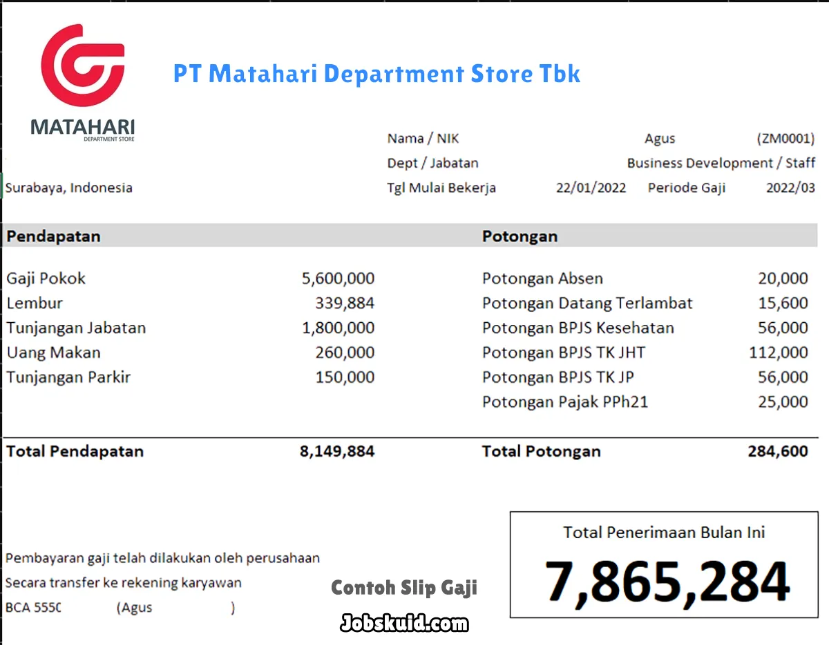 Slip Gaji PT Matahari Department Store Tbk