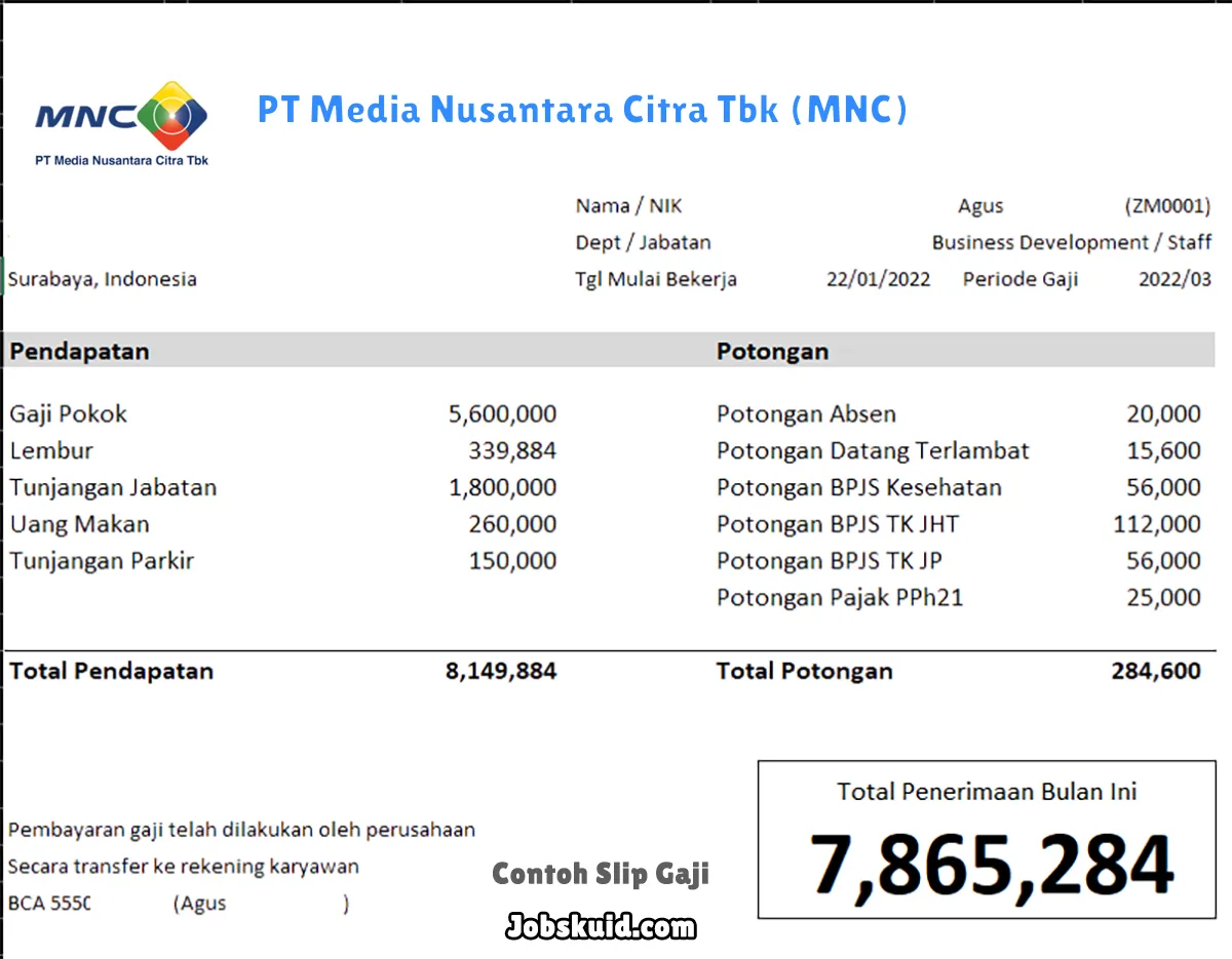 Slip Gaji PT Media Nusantara Citra Tbk (MNC)