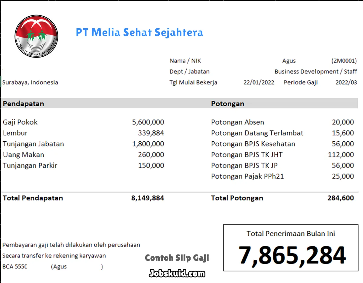 Slip Gaji PT Melia Sehat Sejahtera