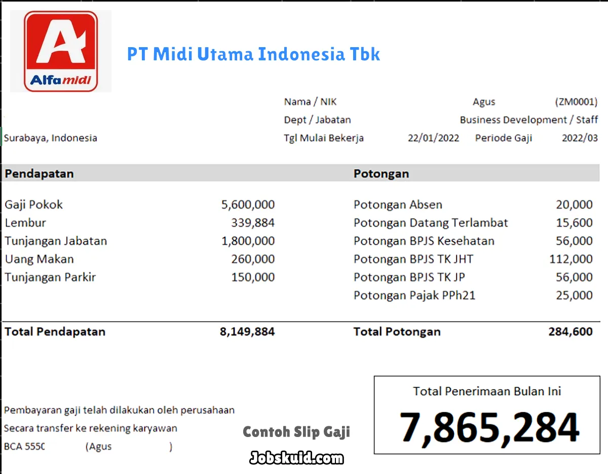 Slip Gaji PT Midi Utama Indonesia Tbk