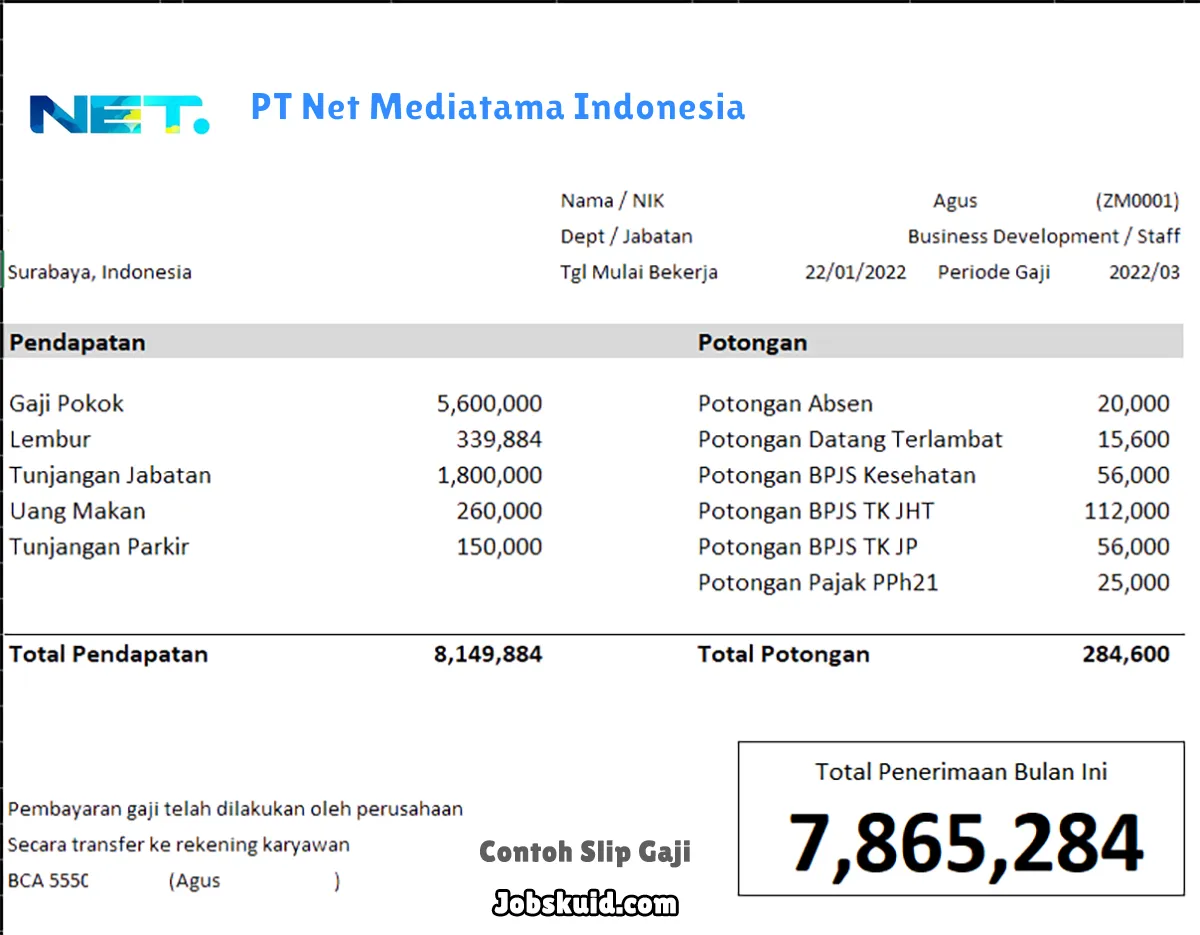 Slip Gaji PT Net Mediatama Indonesia