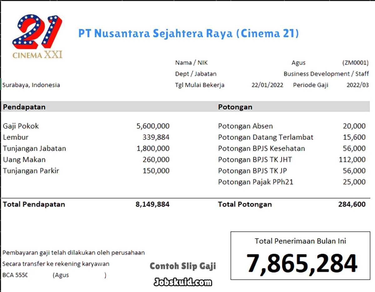 Slip Gaji PT Nusantara Sejahtera Raya (Cinema 21)