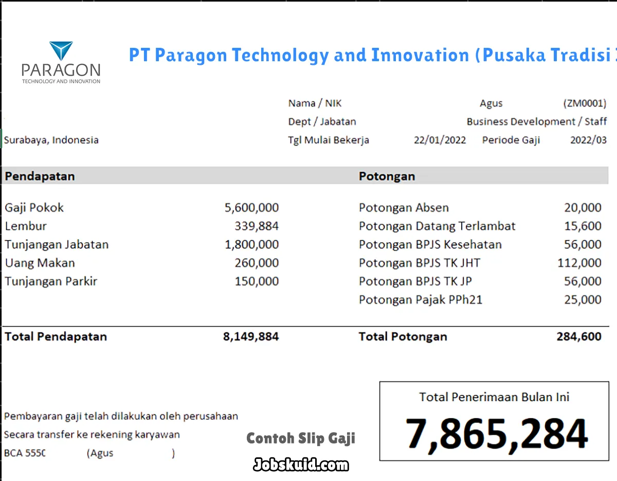 Slip Gaji PT Paragon Technology and Innovation (Pusaka Tradisi Ibu)