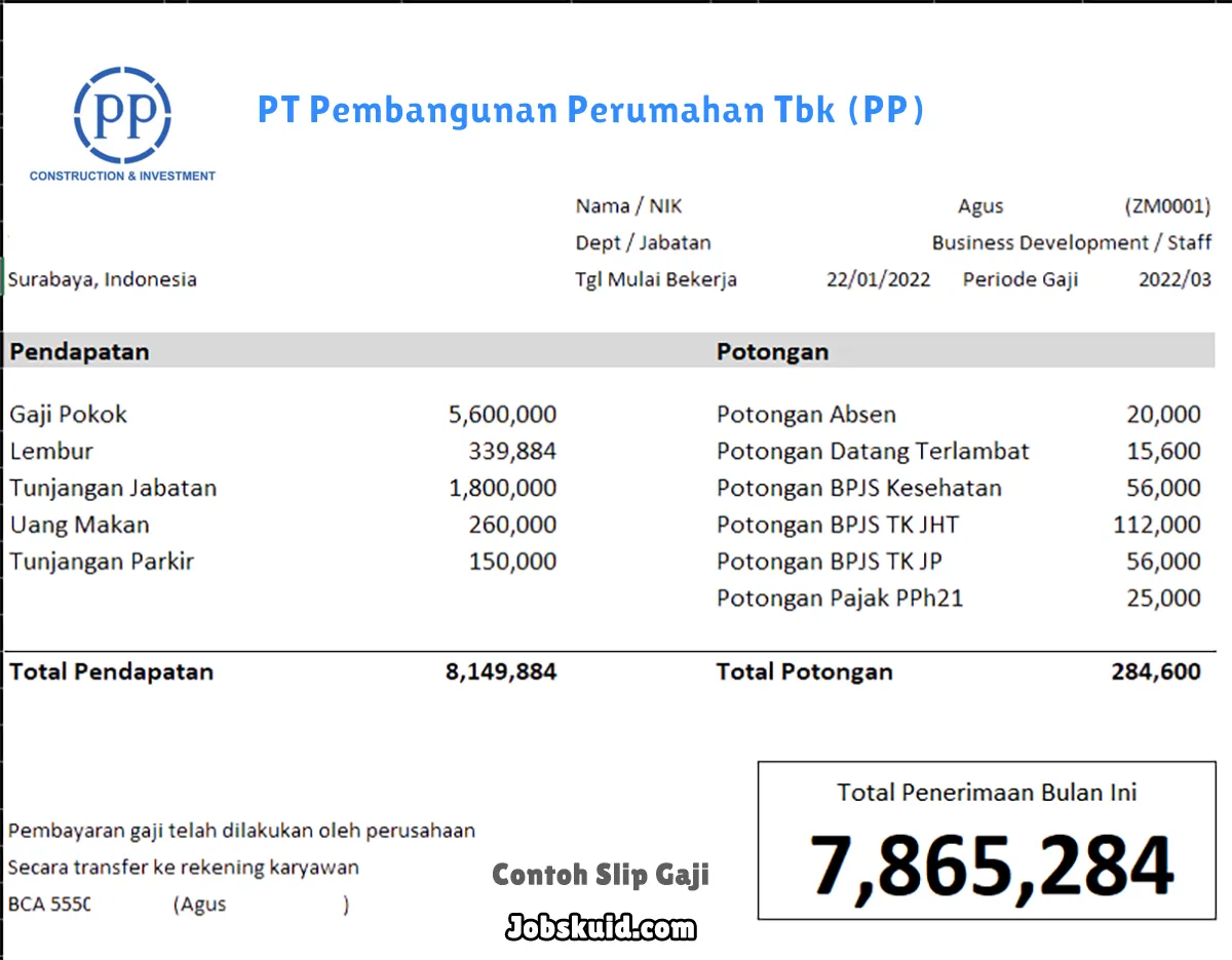 Slip Gaji PT Pembangunan Perumahan Tbk (PP)