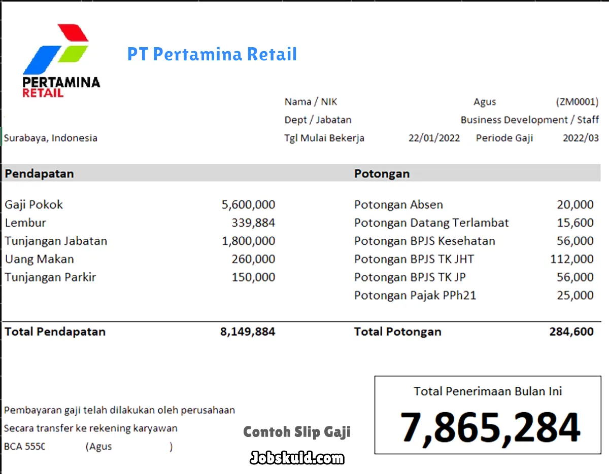 Slip Gaji PT Pertamina Retail