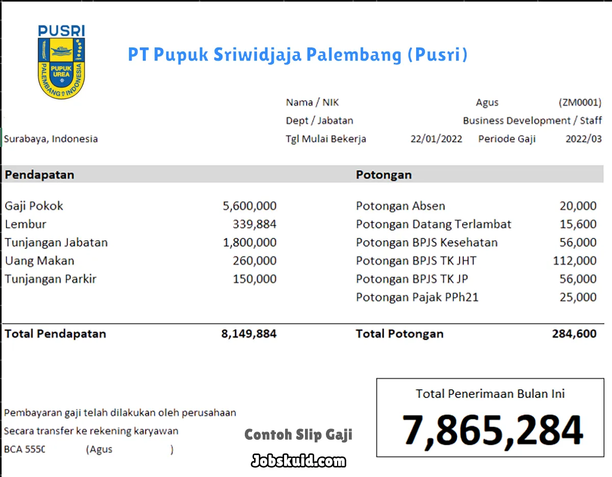 Slip Gaji PT Pupuk Sriwidjaja Palembang (Pusri)