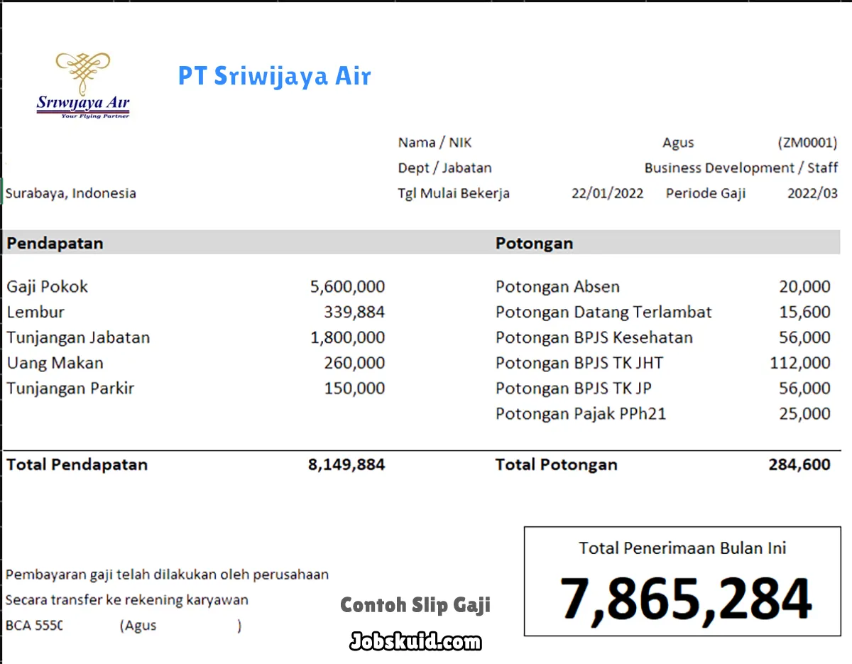 Slip Gaji PT Sriwijaya Air