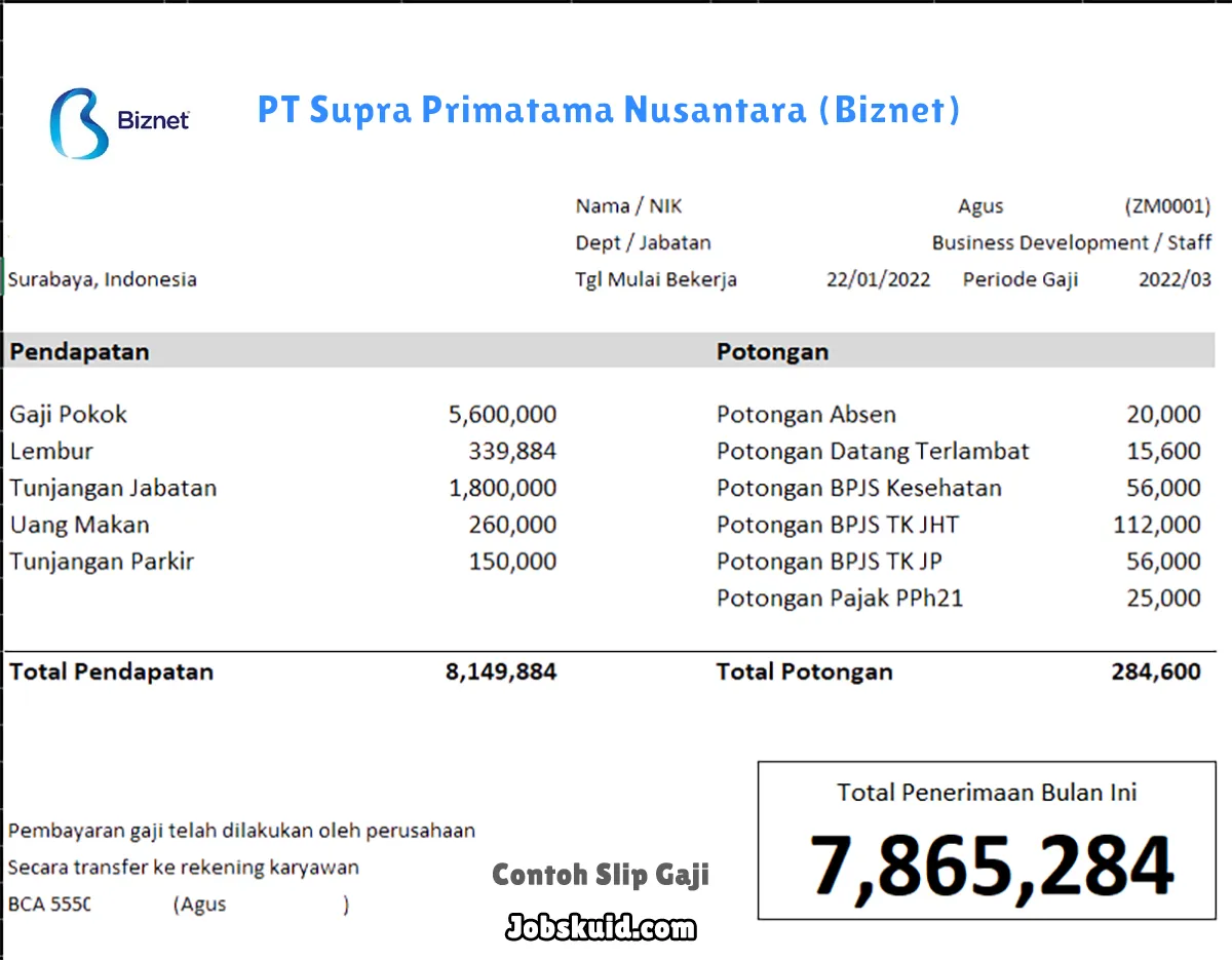 Slip Gaji PT Supra Primatama Nusantara (Biznet)