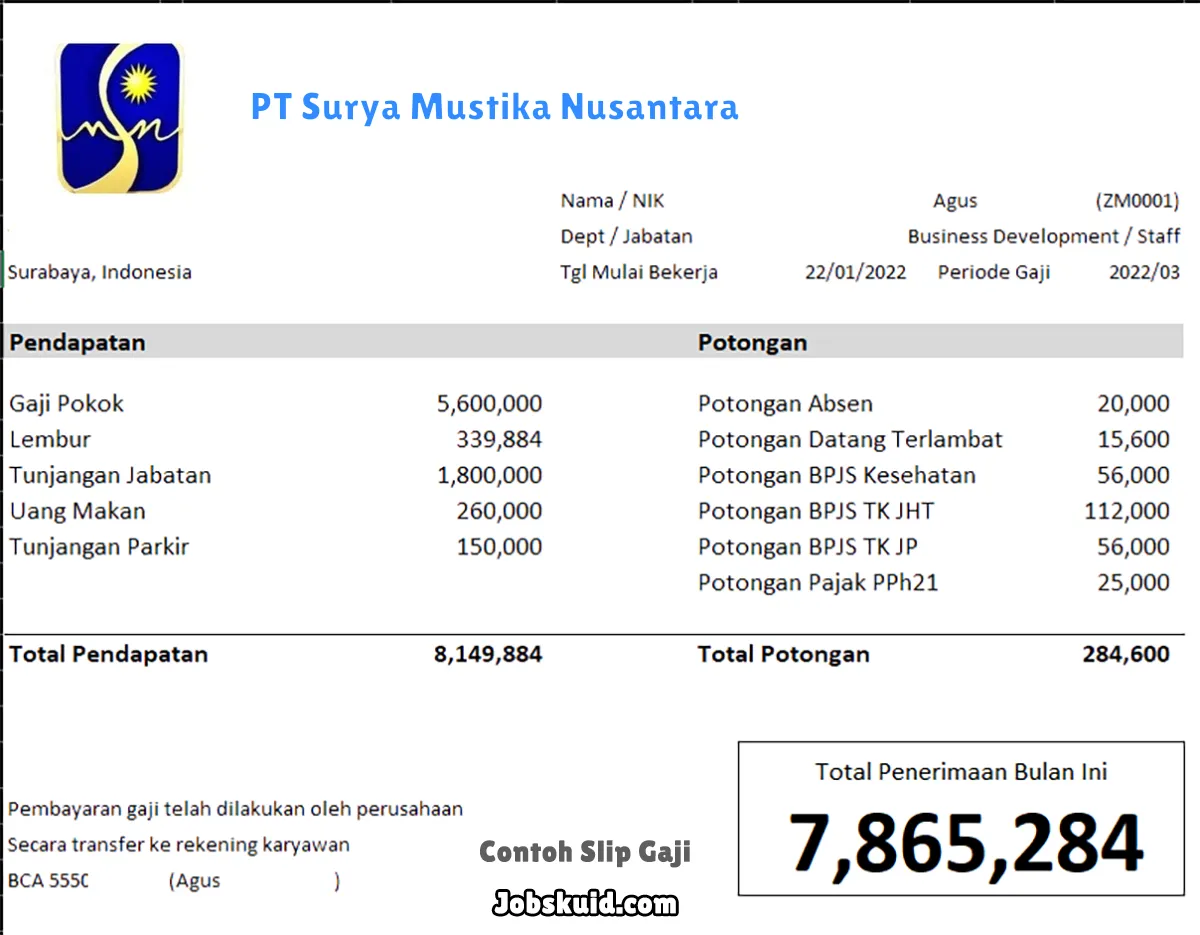 Slip Gaji PT Surya Mustika Nusantara