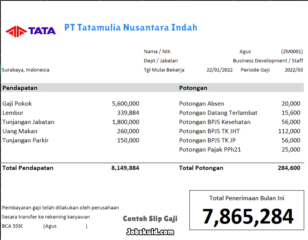 Slip Gaji PT Tatamulia Nusantara Indah