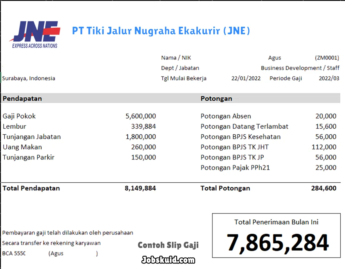 Slip Gaji PT Tiki Jalur Nugraha Ekakurir (JNE)