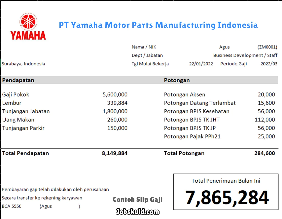 Slip Gaji PT Yamaha Motor Parts Manufacturing Indonesia